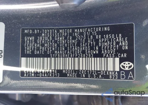 2015 Toyota Corolla Le из США, поврежденный, VIN 5YFBURHE8FP268293